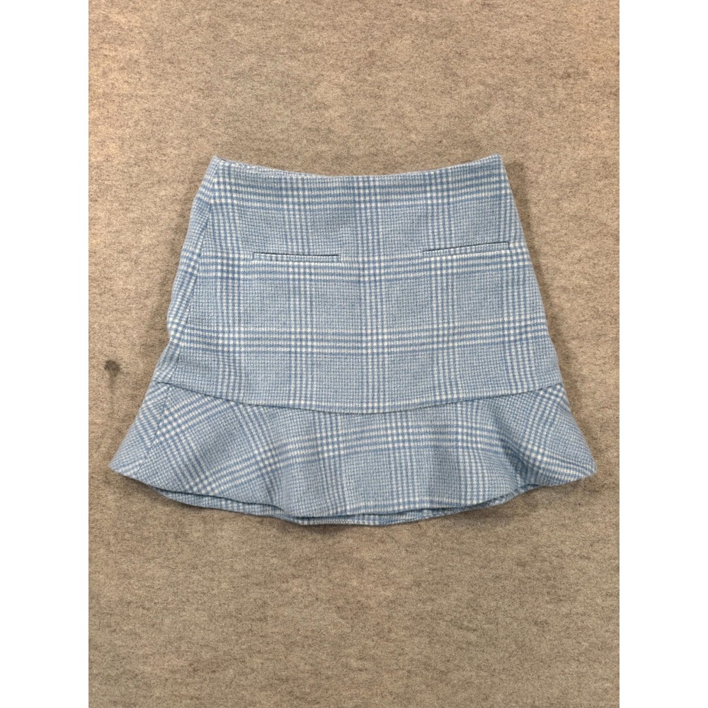 Ganni Womens Blue White Plaid Wool Blend Ruffle Hem Mini Skirt Size 36